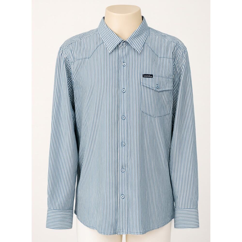 Rocawear Men’s 2XL Blue White Striped Long Sleeve Button-Down Shirt Streetwear